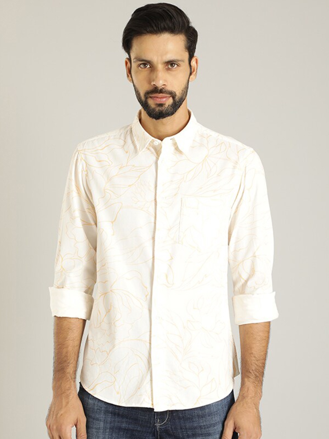

Indian Terrain Classic Abstract Printed Pure Cotton Casual Shirt, Off white