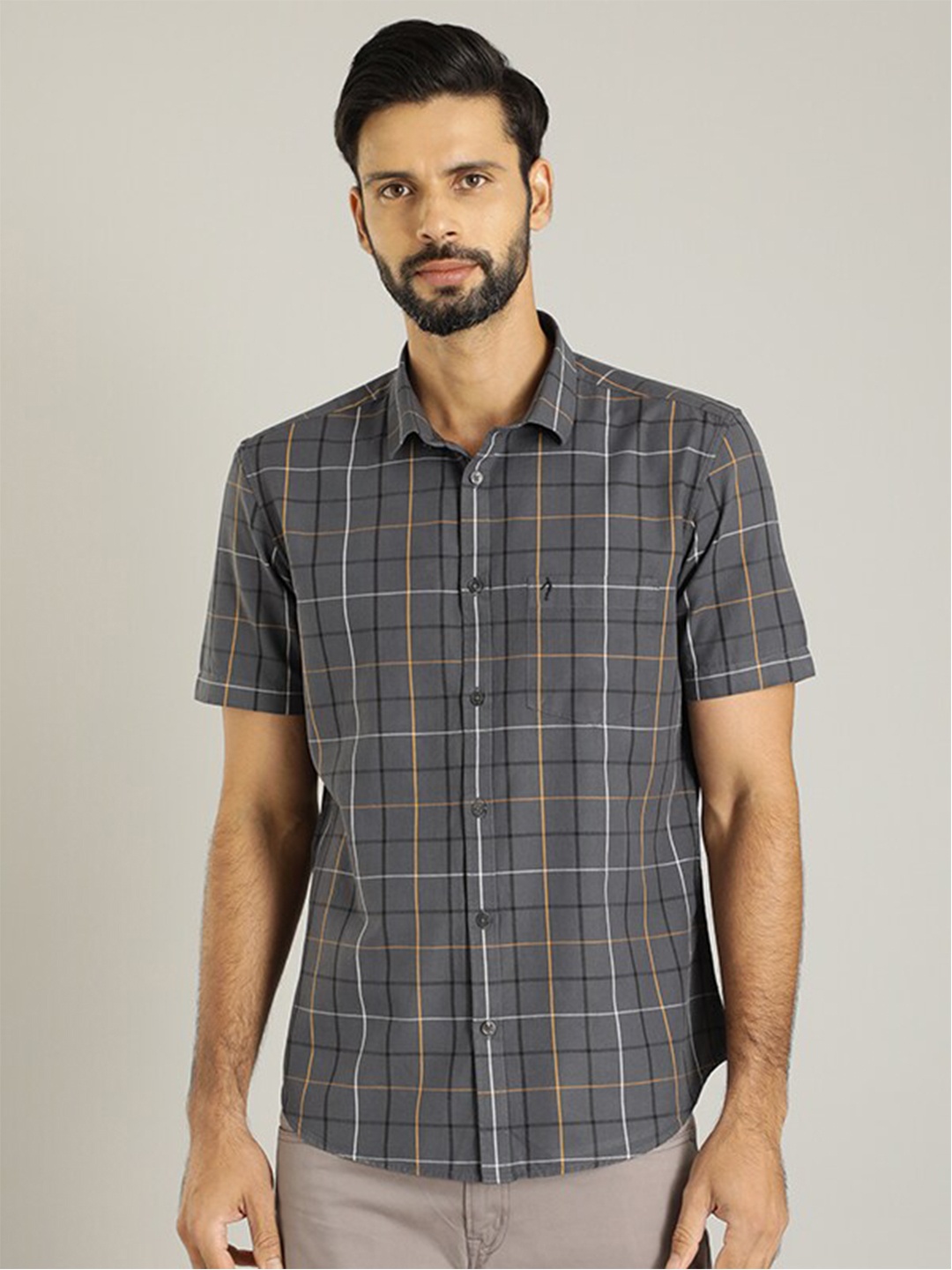 

Indian Terrain Classic Tartan Checks Pure Cotton Casual Shirt, Grey