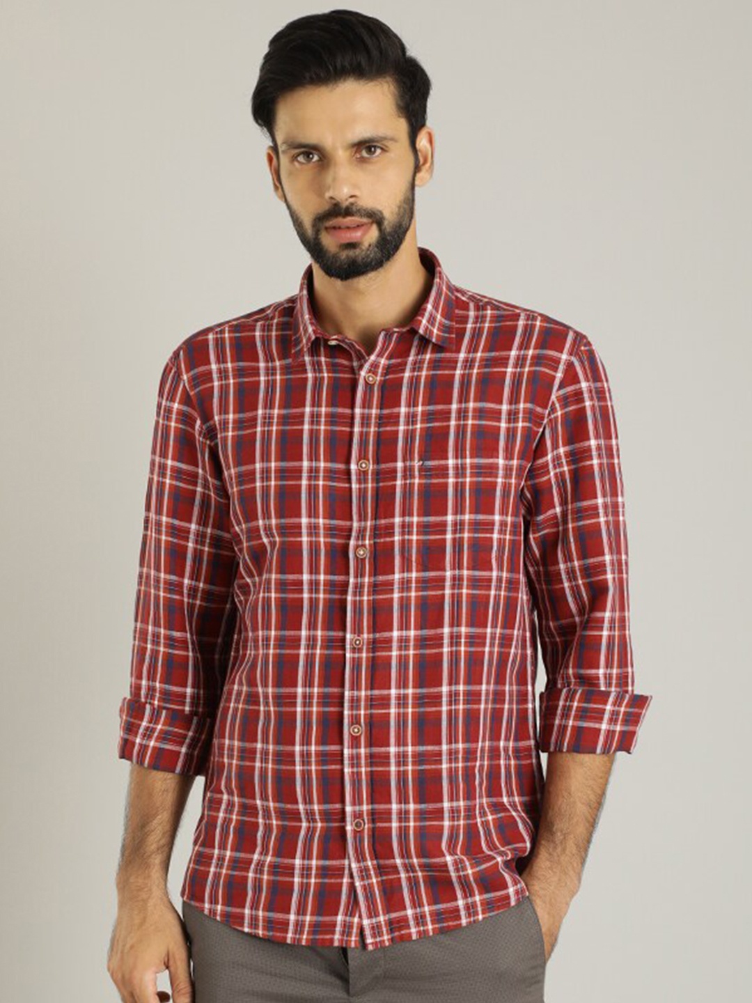 Indian Terrain Classic Tartan Checked Linen Cotton Casual Shirt, Red