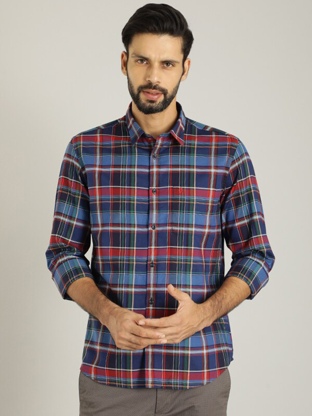 

Indian Terrain Classic Tartan Checks Checked Pure Cotton Casual Shirt, Navy blue