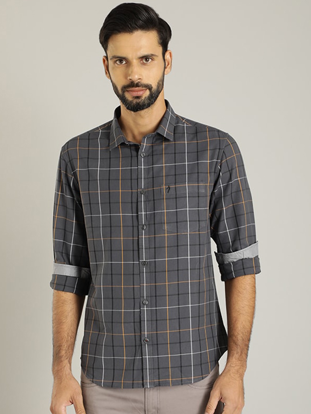 Indian Terrain Classic Tartan Checks Checked Pure Cotton Casual Shirt, Grey