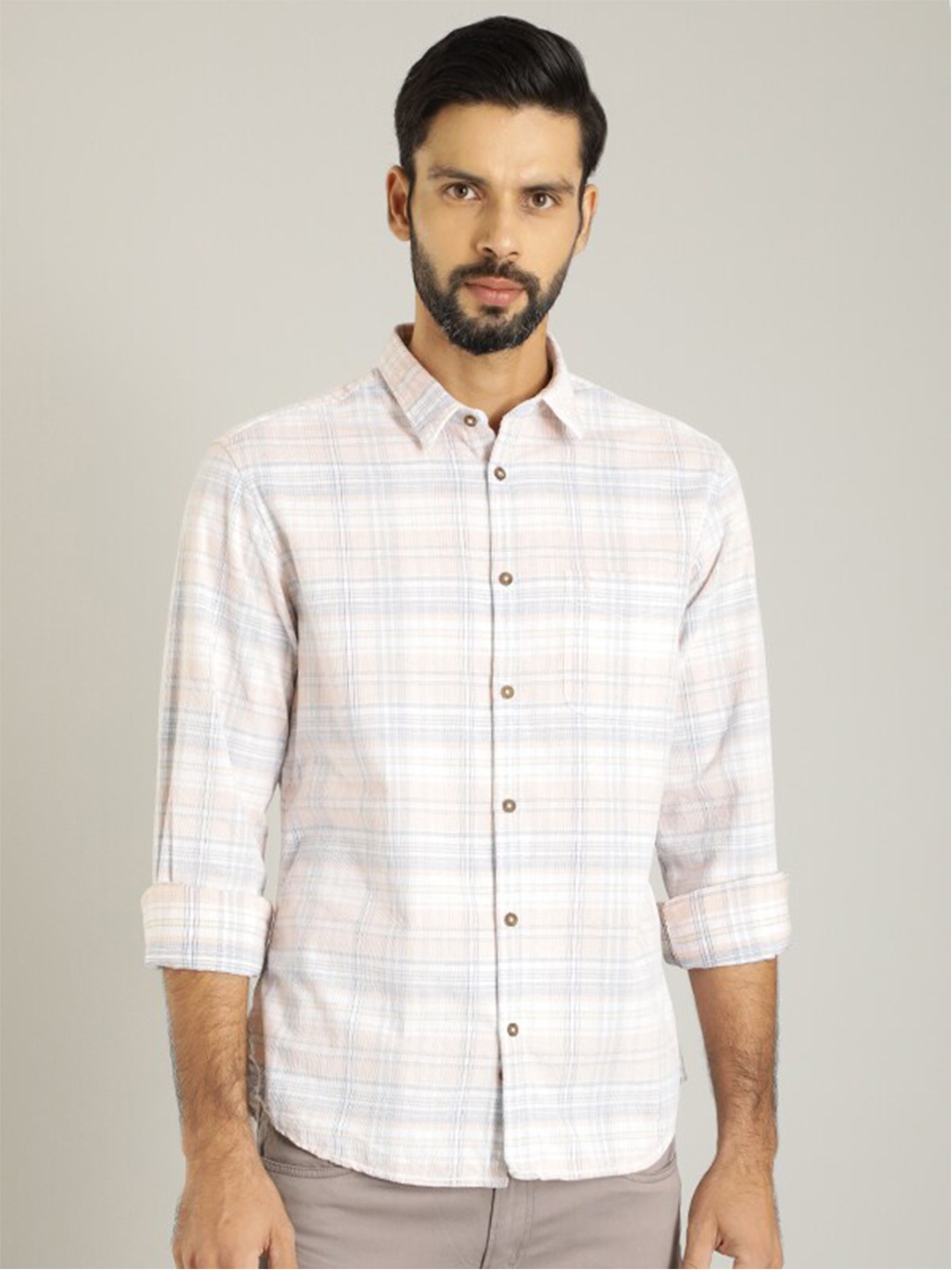 

Indian Terrain Classic Fit Tartan Checked Pure Cotton Casual Shirt, White