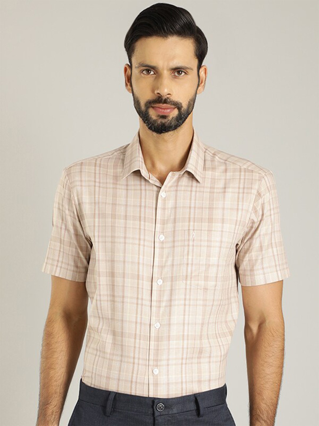 Indian Terrain Classic Tartan Checked Cotton Modal Casual Shirt, Peach