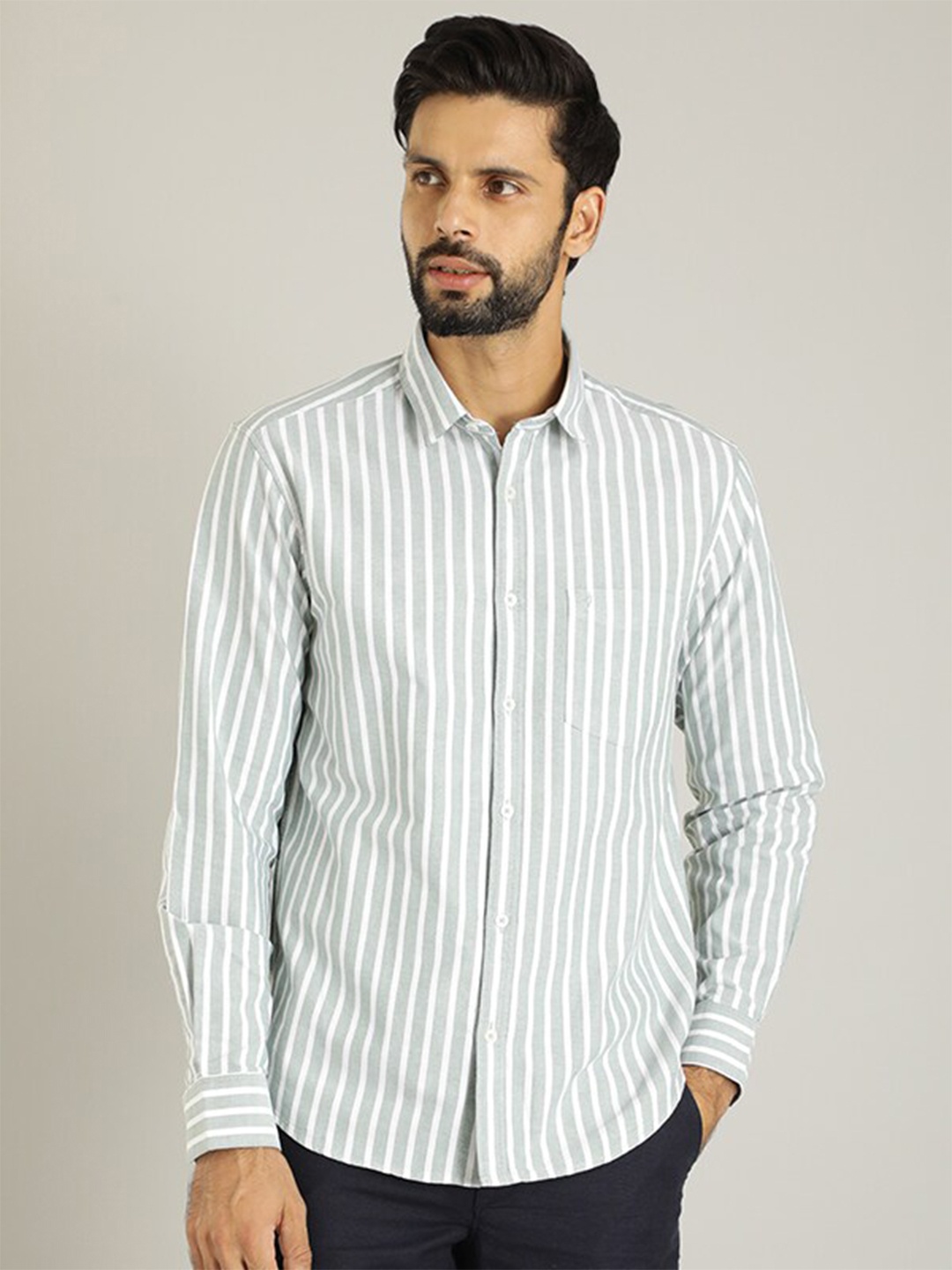 

Indian Terrain Classic Striped Pure Cotton Casual Shirt, Green