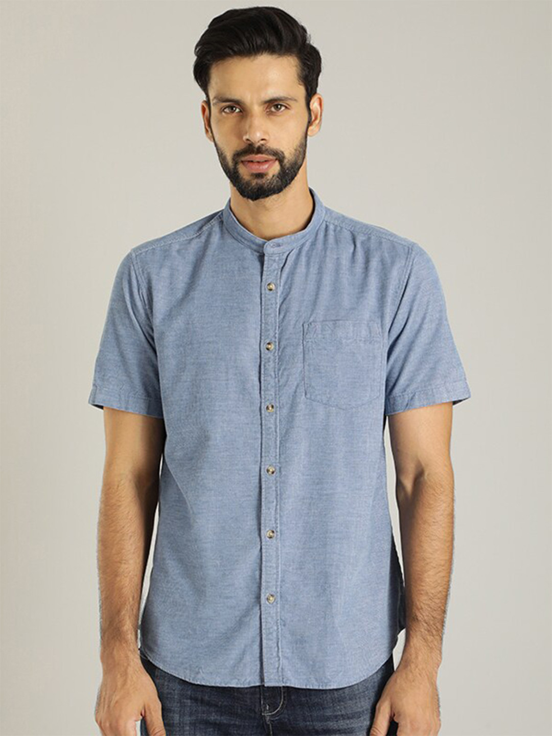 

Indian Terrain Classic Mandarin Collar Pure Cotton Casual Shirt, Blue