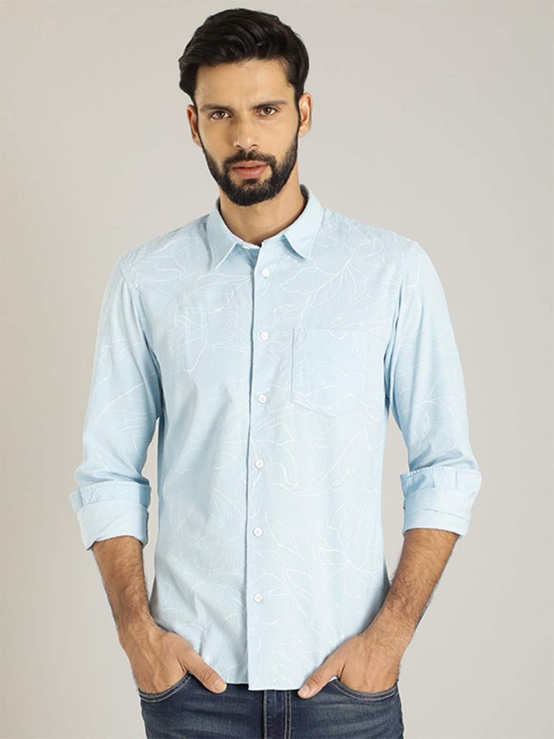 

Indian Terrain Classic Slim Fit Floral Printed Casual Shirt, Blue