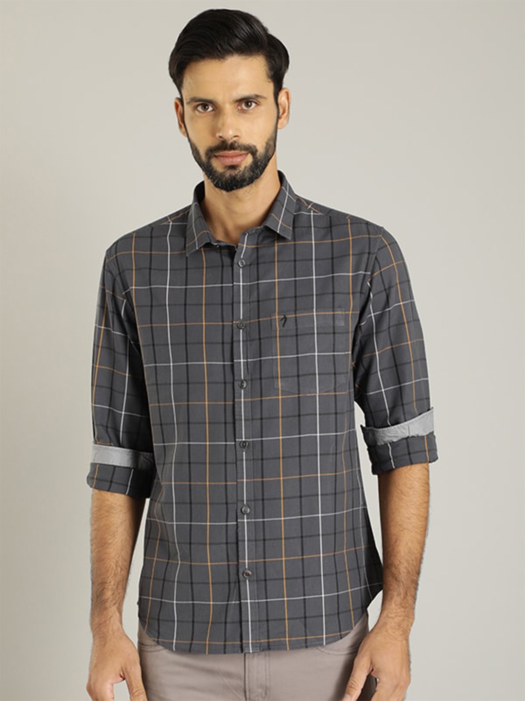 

Indian Terrain Classic Tartan Checks Spread Collar Cotton Casual Shirt, Grey