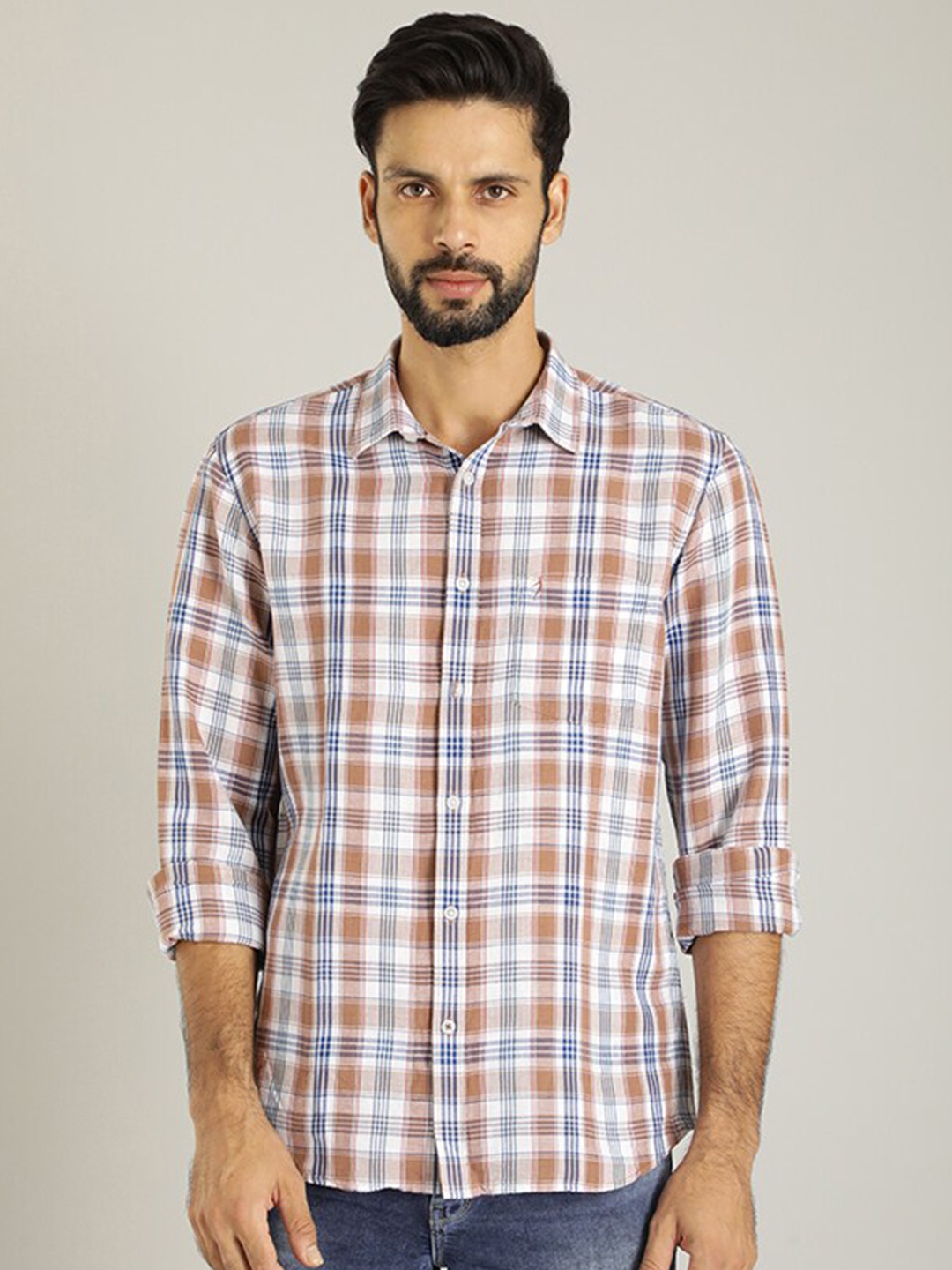 

Indian Terrain Classic Tartan Checks Opaque Casual Shirt, Peach
