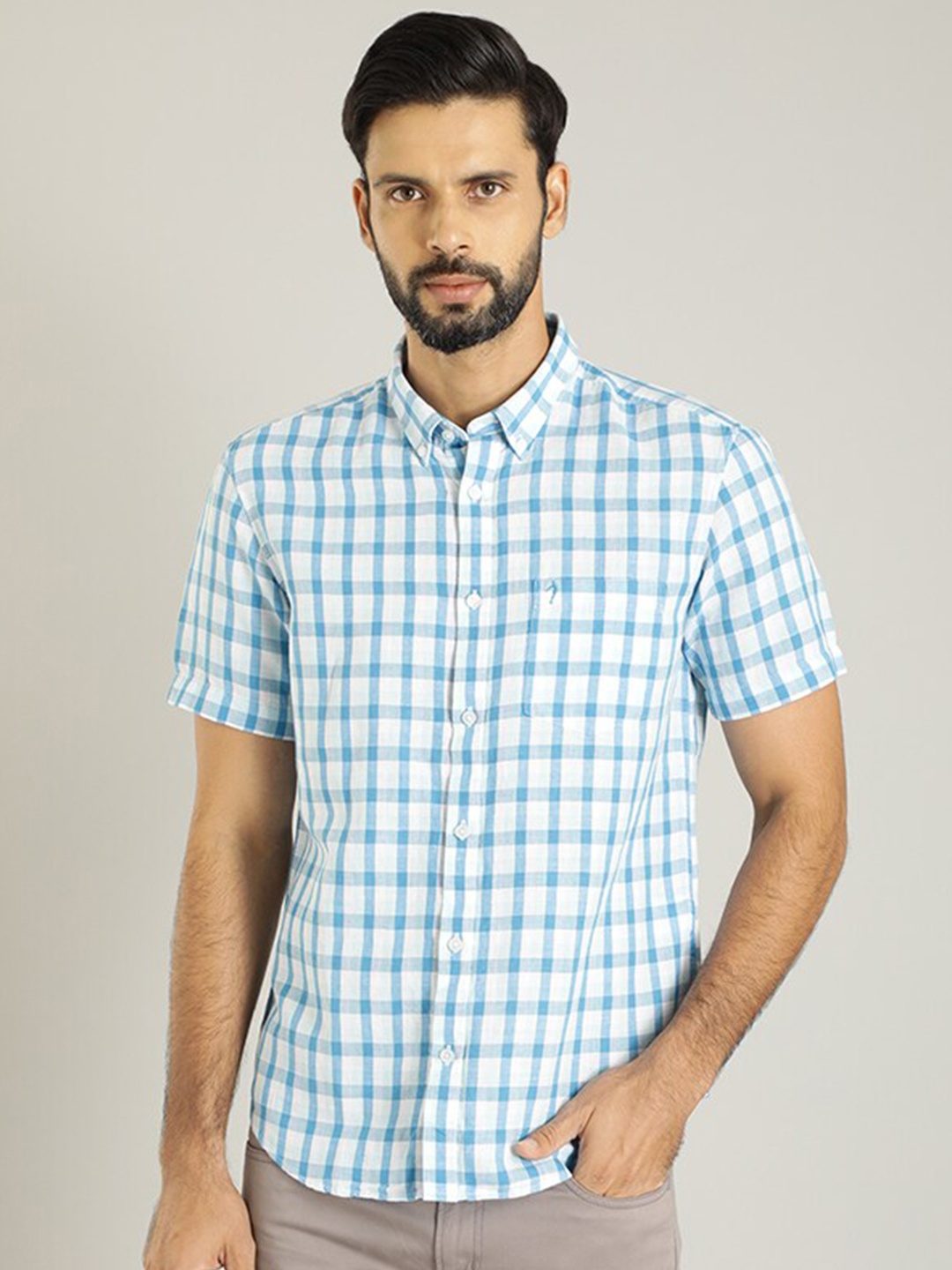 

Indian Terrain Classic Gingham Checks Button-Down Collar Casual Shirt, Blue