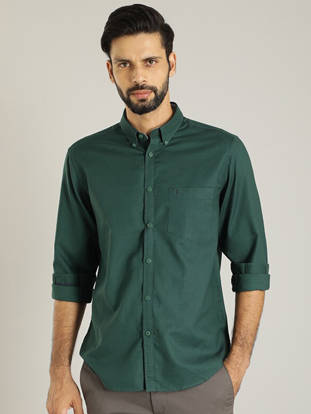 Indian Terrain Classic Fit Button-Down Collar Casual Pure Cotton Shirt, Green