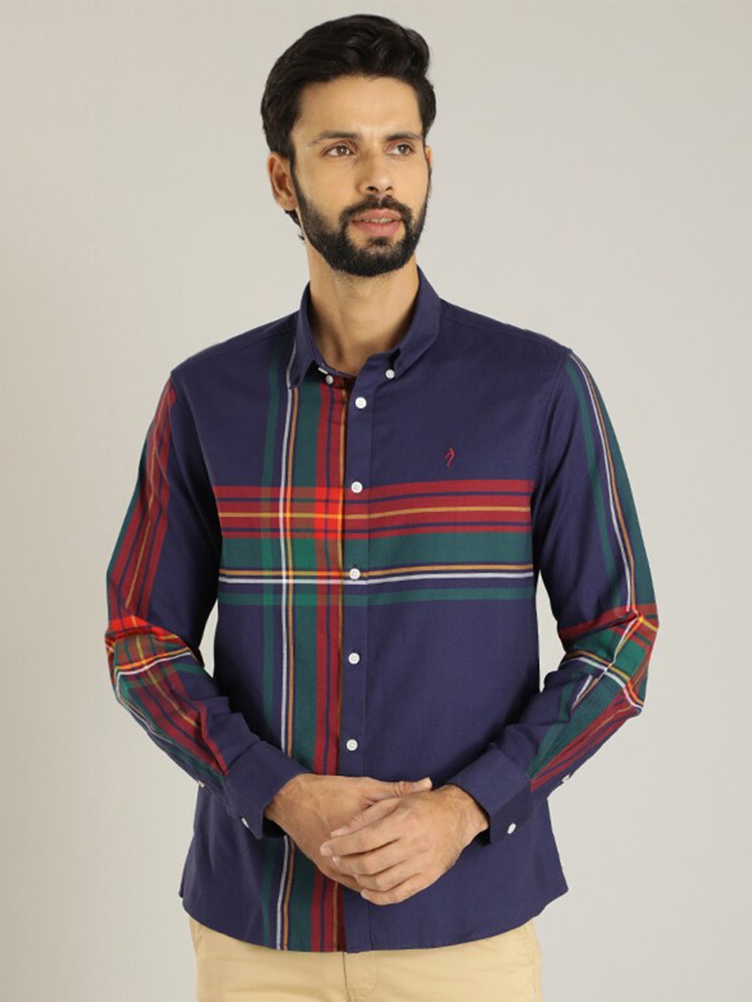 

Indian Terrain Classic Multi Stripes Button-Down Collar Cotton Casual Shirt, Navy blue