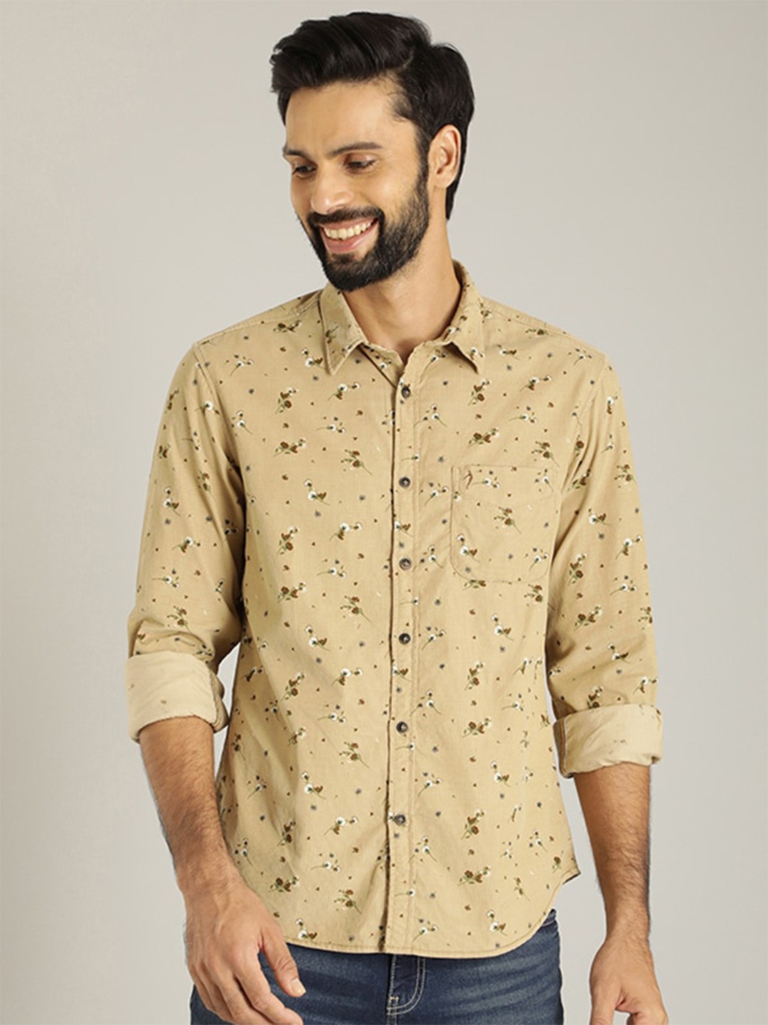 

Indian Terrain Floral Printed Classic Regular Fit Opaque Cotton Casual Shirt, Khaki