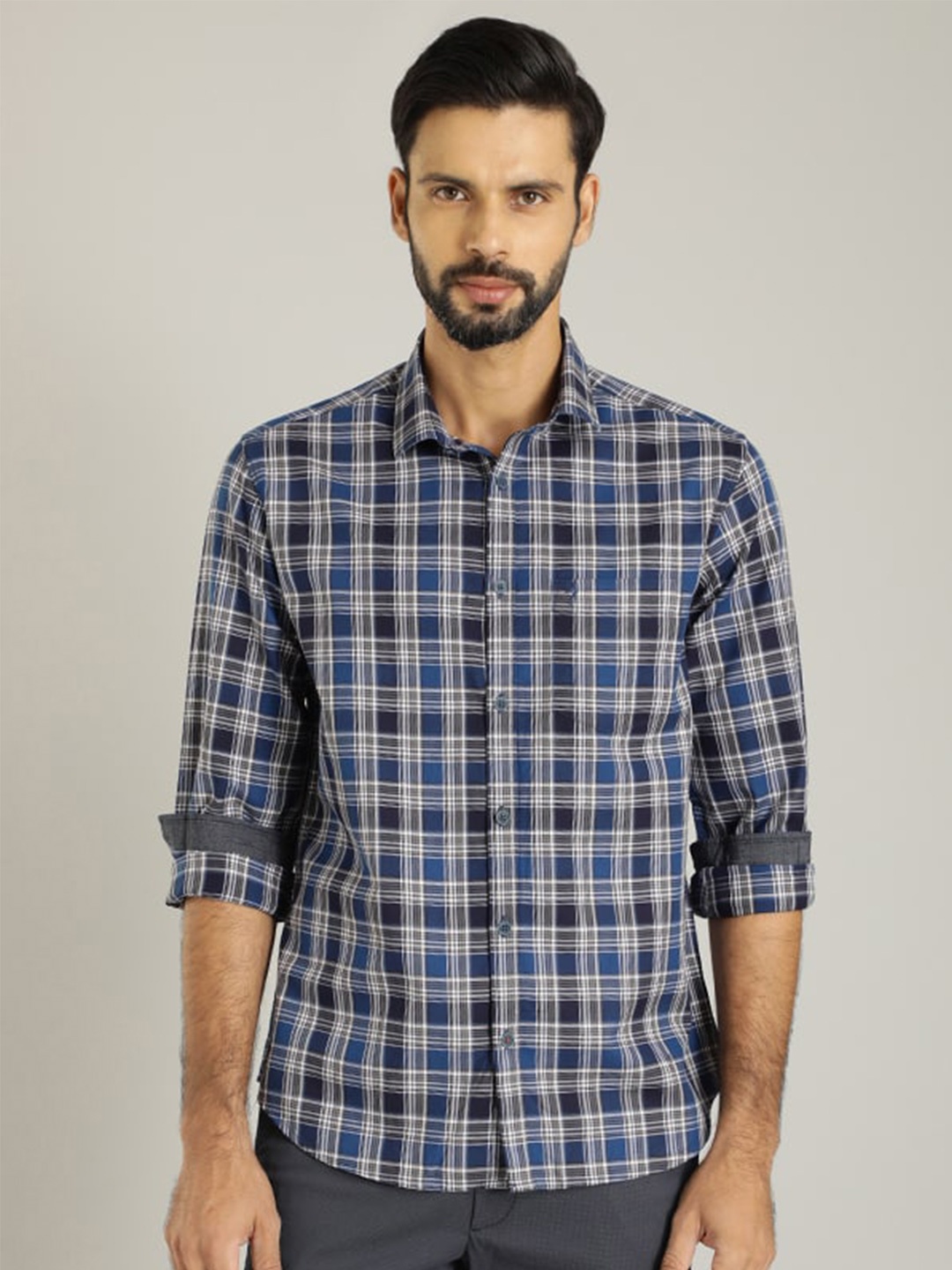 

Indian Terrain Classic Tartan Checked Pure Cotton Casual Shirt, Navy blue