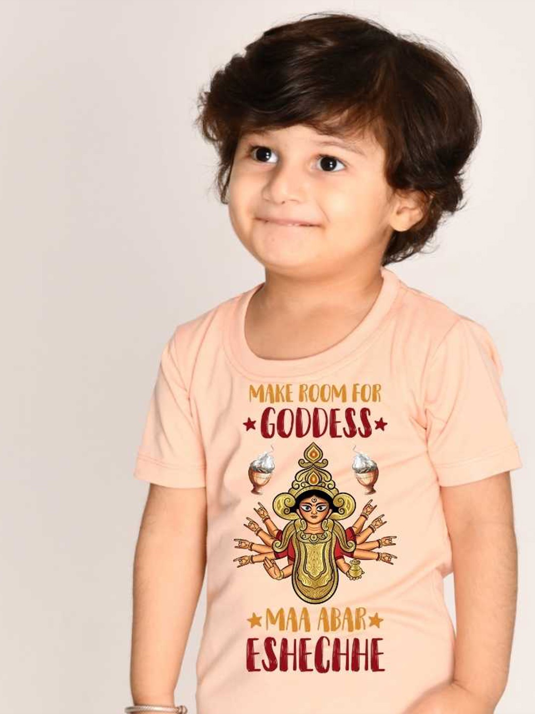 

KNITROOT Kids Graphic Printed Round Neck Casual T-shirt, Peach