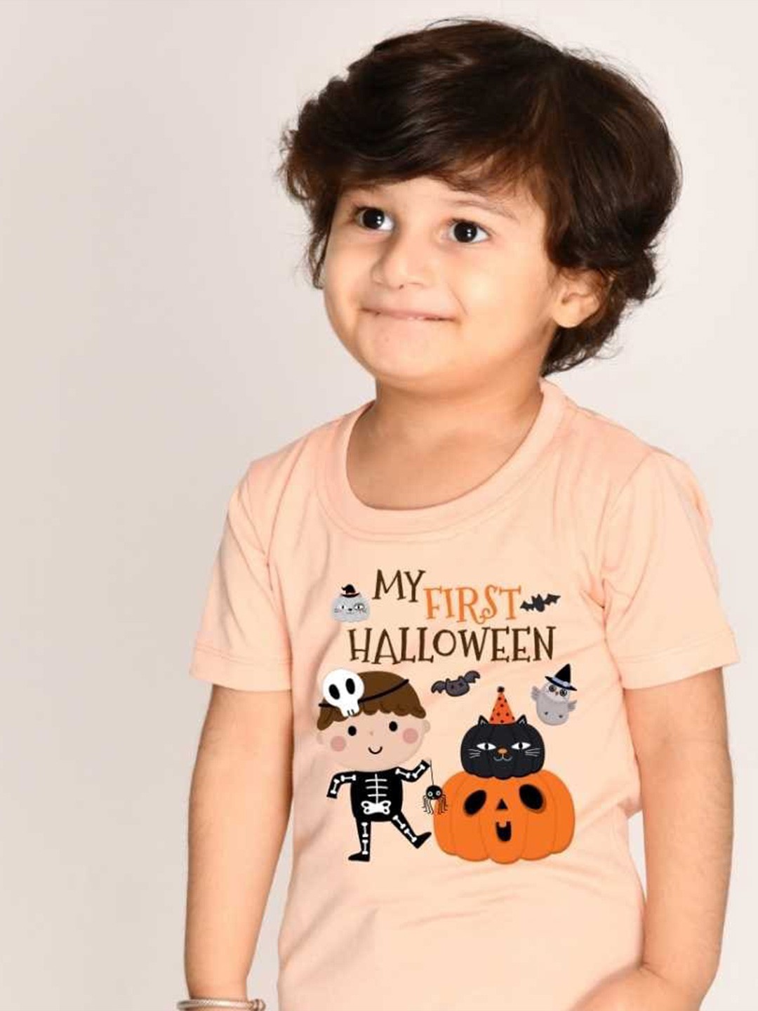 

KNITROOT Kids Graphic Printed Round Neck Casual T-shirt, Peach