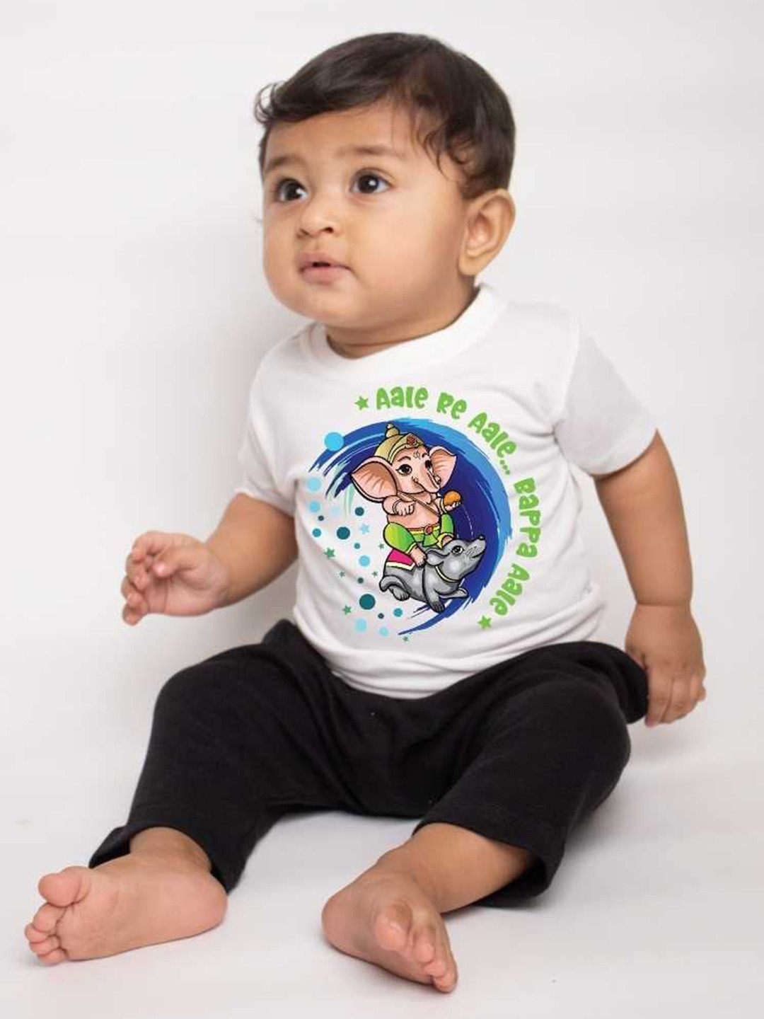 

KNITROOT Infants Ganesha Printed Round Neck Short Sleeves T-shirt, White