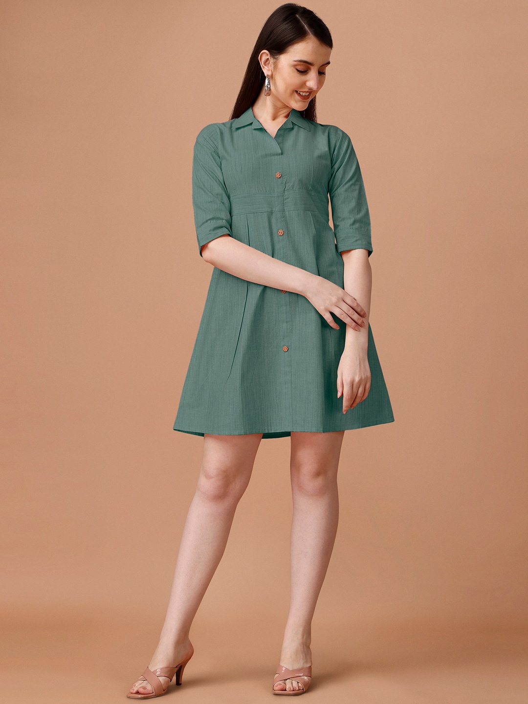 

KALINI Shirt Collar A-Line Mini Cotton Dress, Green