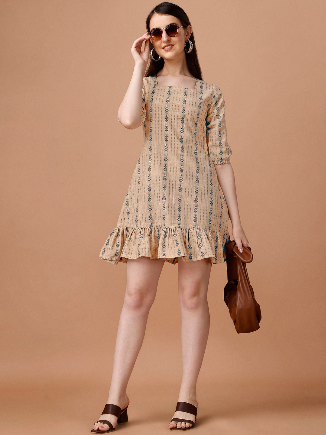 

KALINI Ethnic Motifs Printed Cotton A-Line Mini Dress, Beige