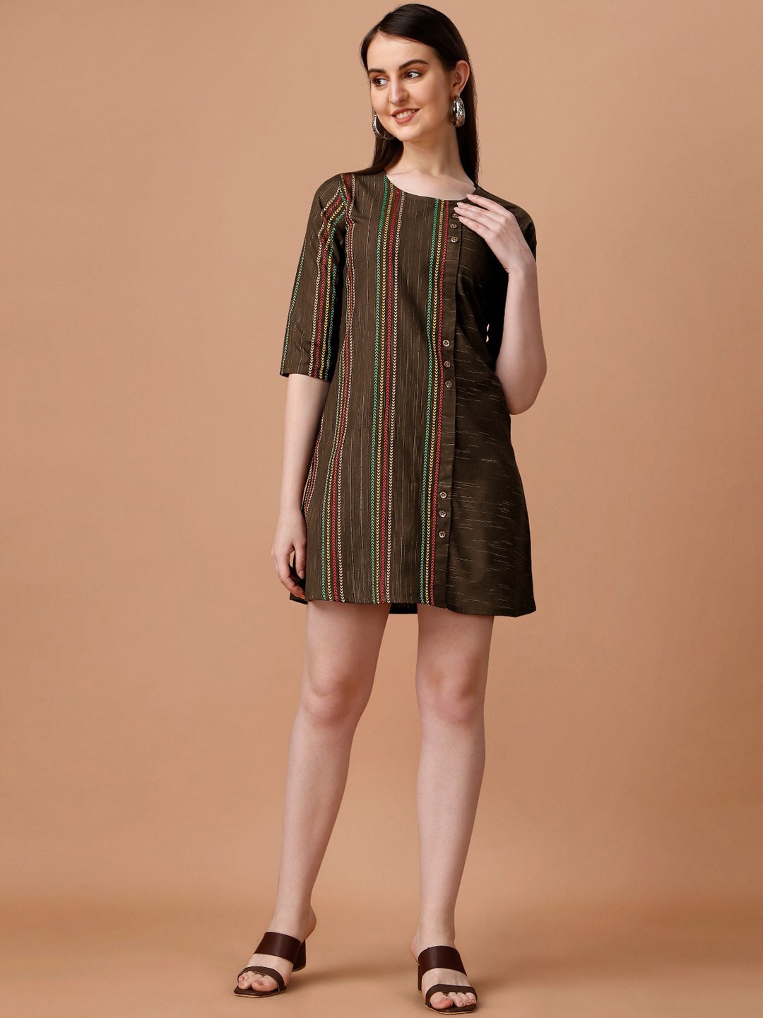 

KALINI Striped Cotton Mini Dress, Brown
