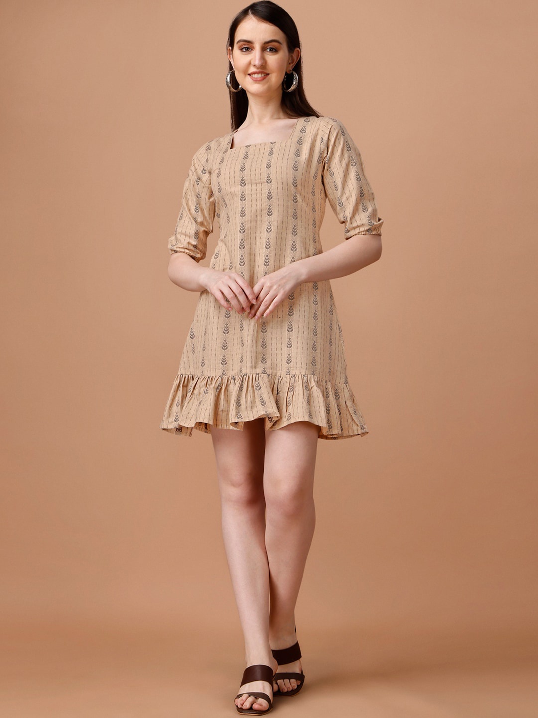 

KALINI Ethnic Motifs Printed Ruffled A-Line Cotton Mini Dress, Brown