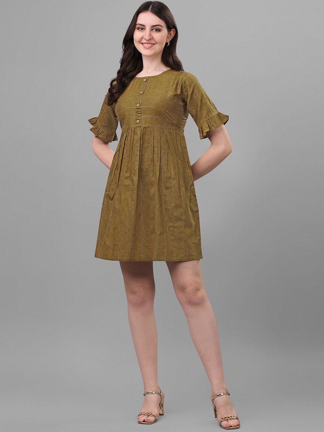 

KALINI Striped Cotton A-Line Mini Dress, Olive