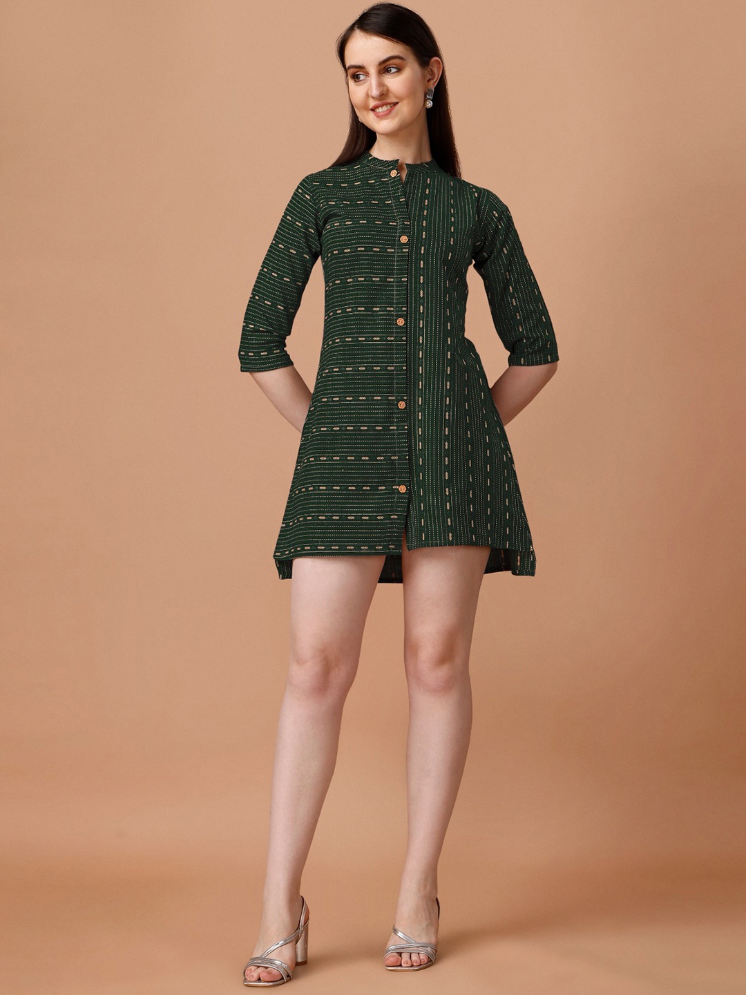 

KALINI Geometric Printed Mandarin Collar Cotton A-Line Mini Ethnic Dress, Green