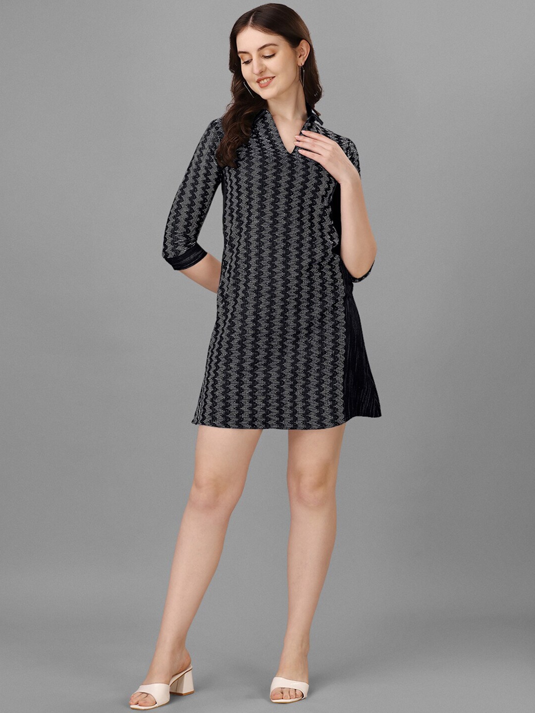 

KALINI Abstract Printed V-Neck Cotton A-Line Mini Ethnic Dress, Black