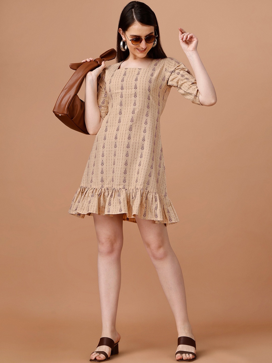 

KALINI Ethnic Printed Square Neck Flounce Cotton A-Line Mini Dress, Brown