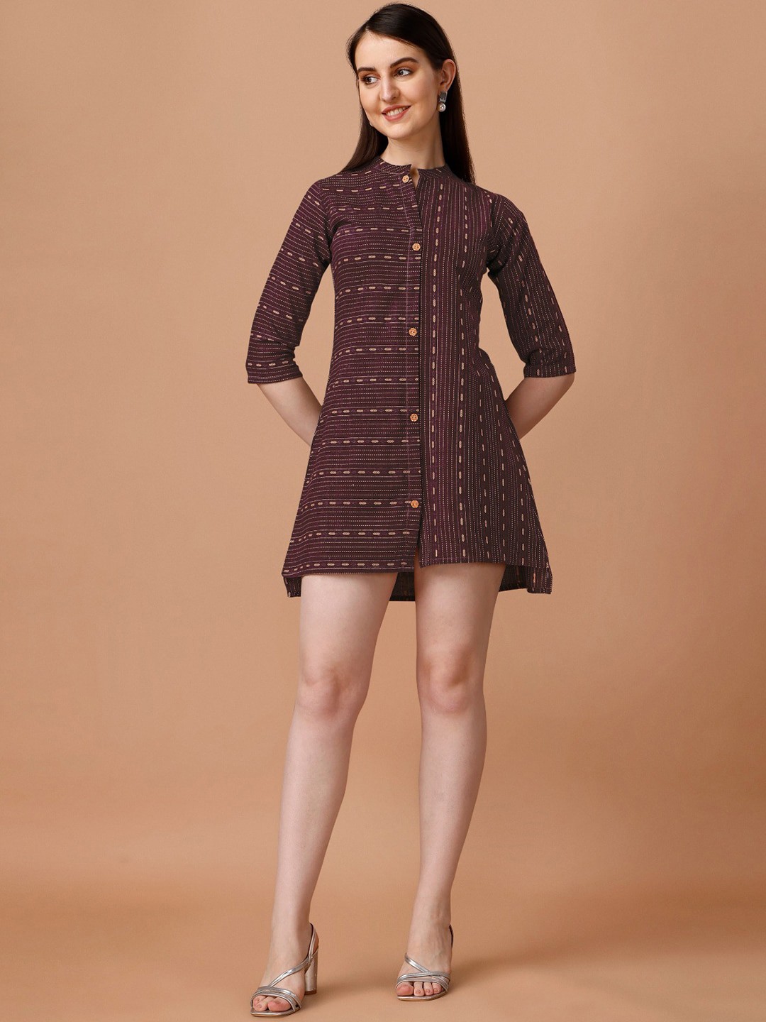 

KALINI Geometric Printed Mandarin Collar Cotton A-Line Mini Ethnic Dress, Maroon