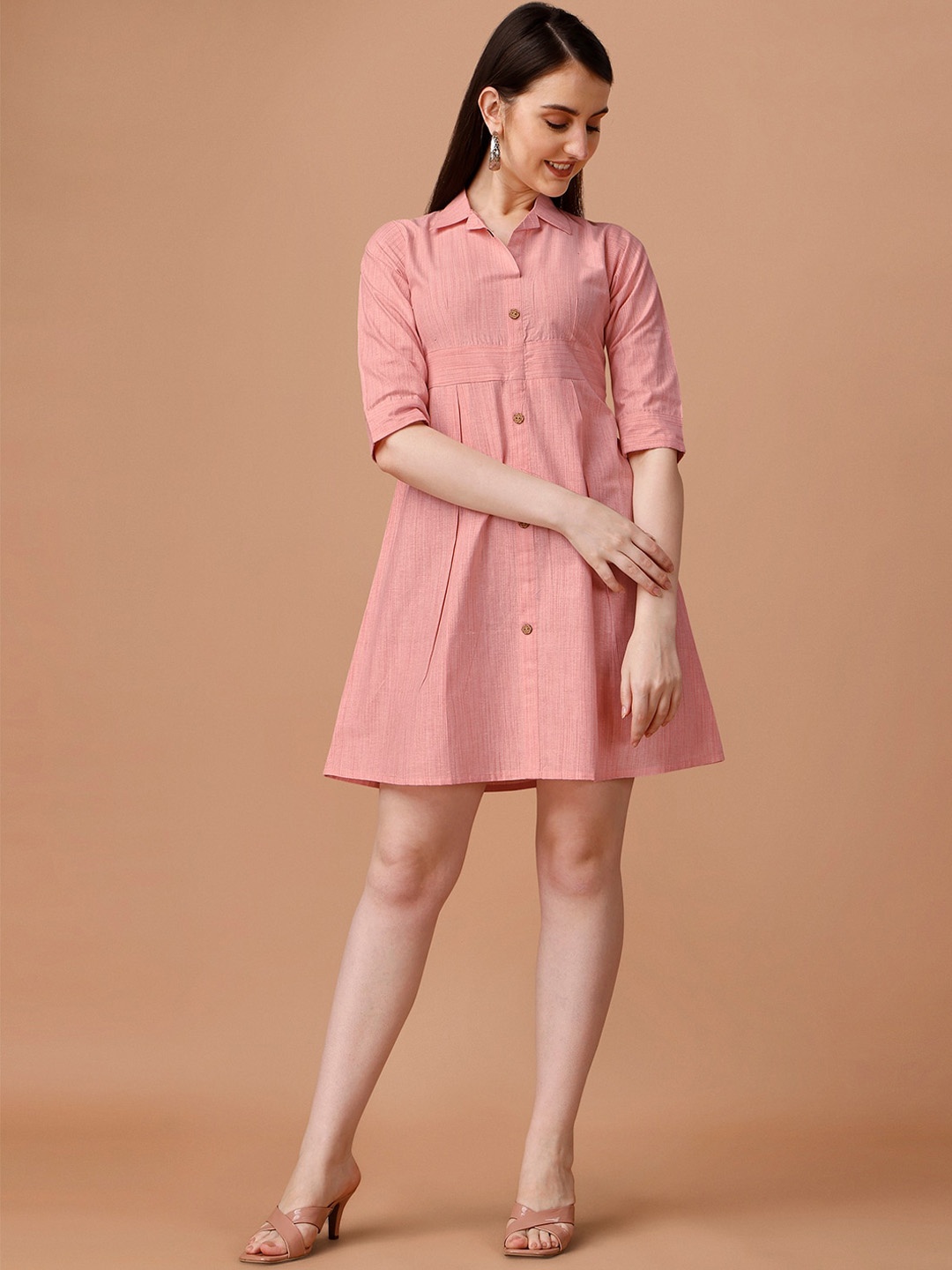 

KALINI Self Designed Cotton Mini Shirt Dress, Pink
