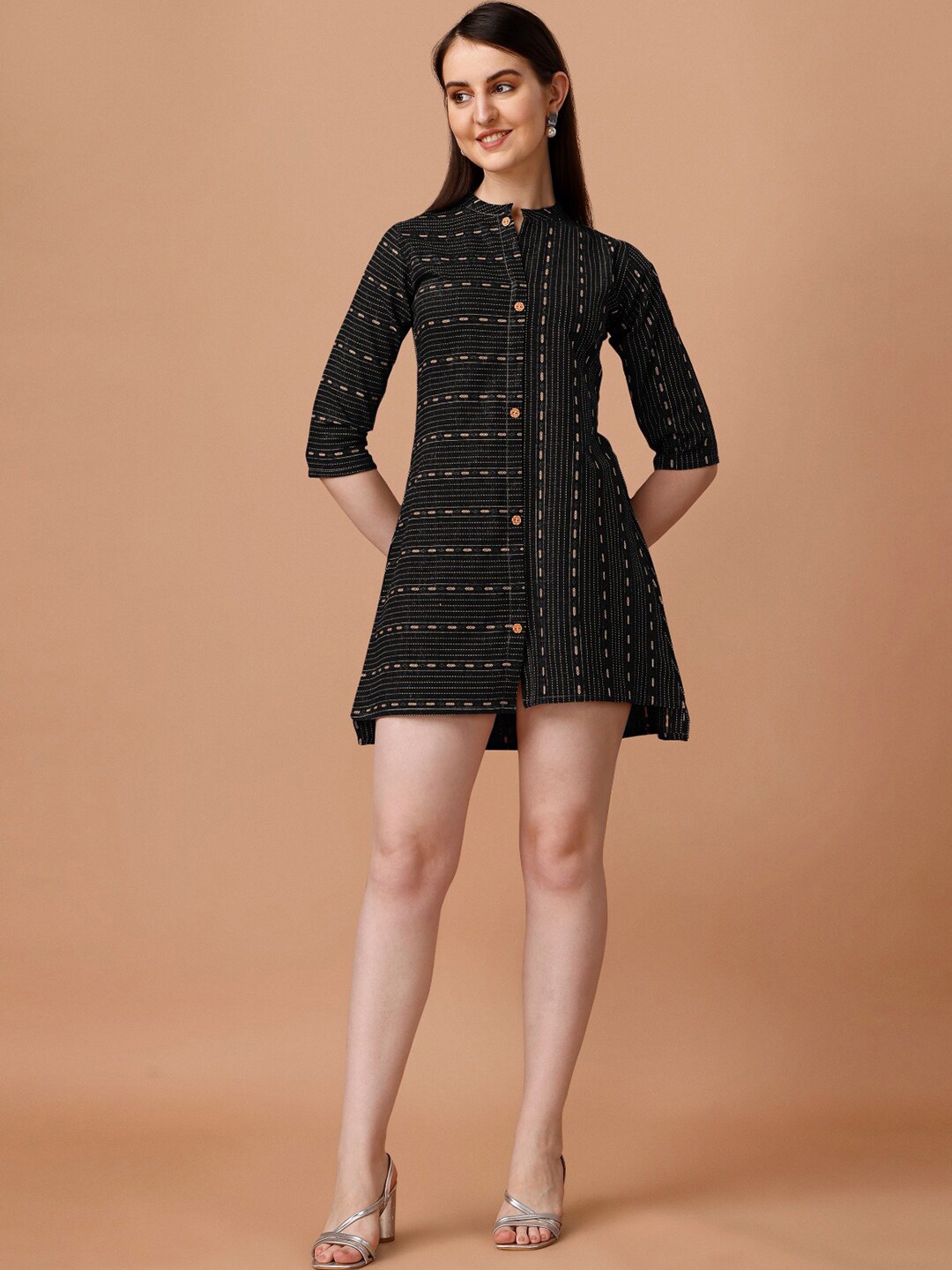 

KALINI Geometric Printed Mandarin Collar Cotton A-Line Mini Ethnic Dress, Black