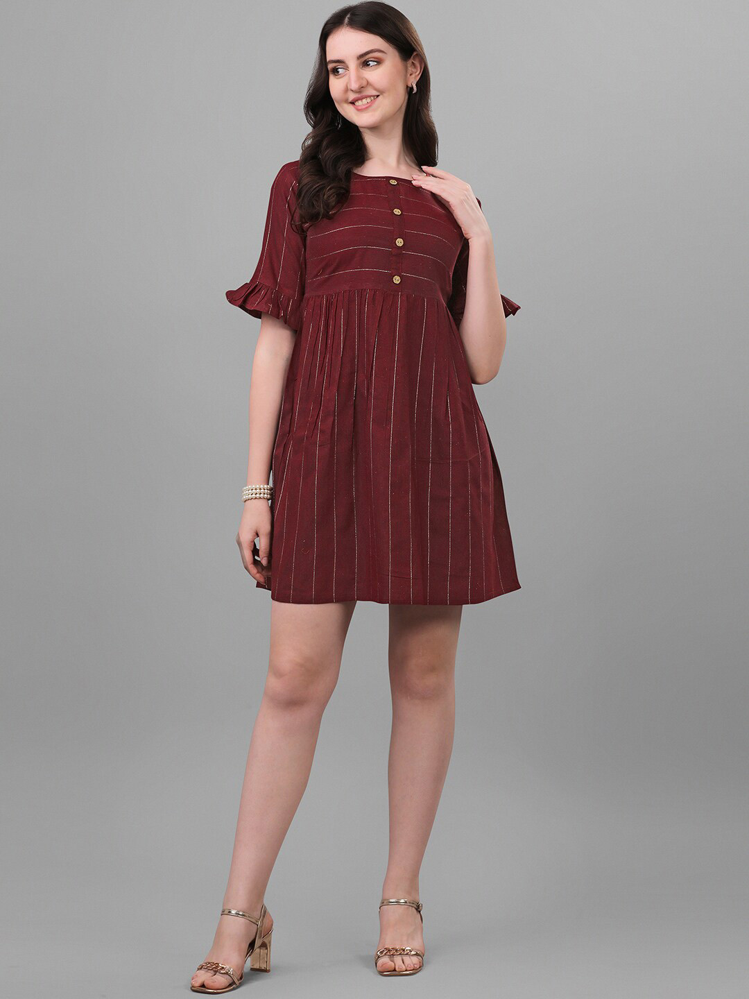 

KALINI Vertical Striped Bell Sleeves Cotton A-Line Mini Dress, Maroon