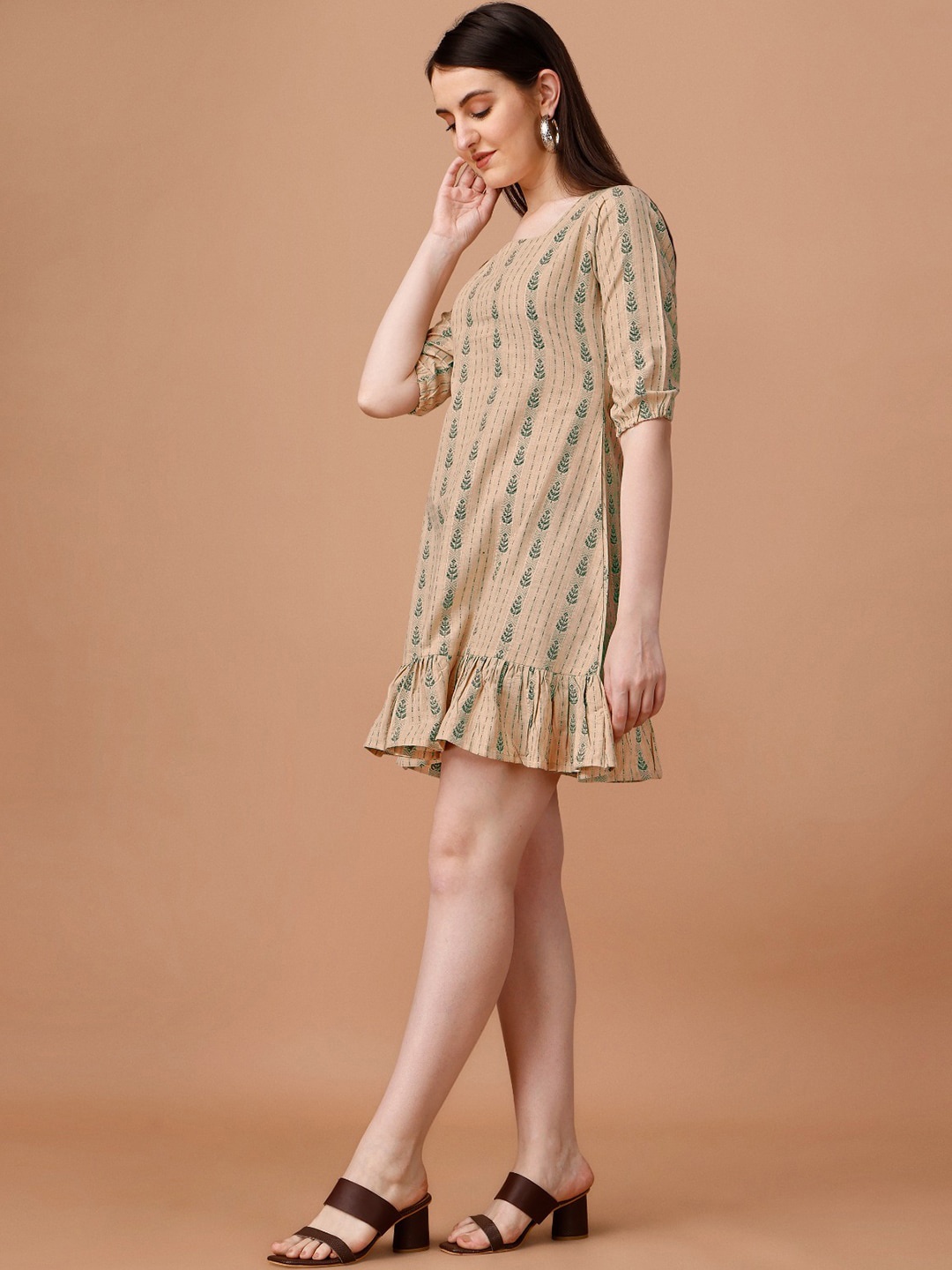

KALINI Ethnic Printed Square Neck Flounce Cotton A-Line Mini Dress, Brown