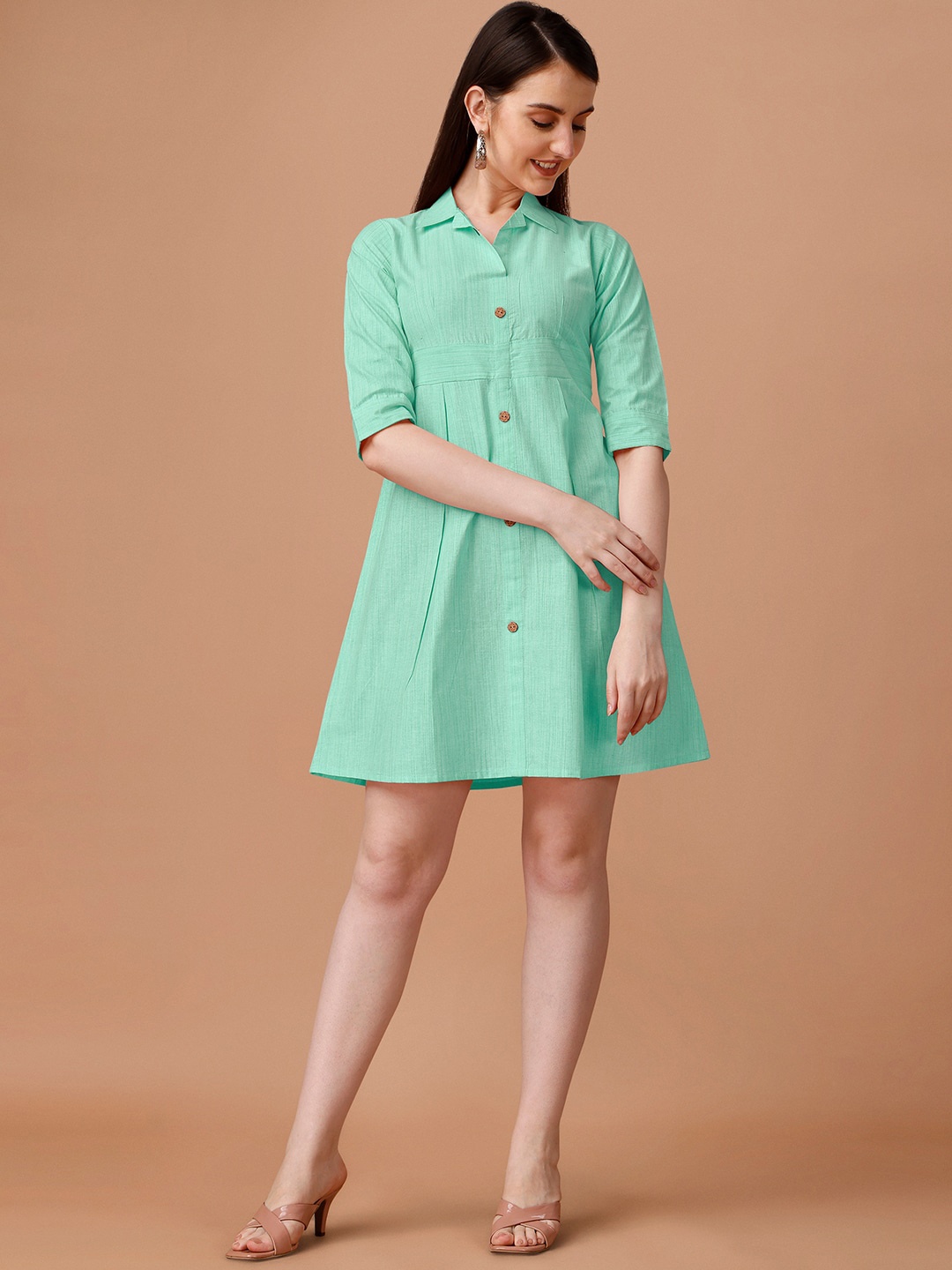 

KALINI Self Designed Cotton Mini Shirt Dress, Sea green