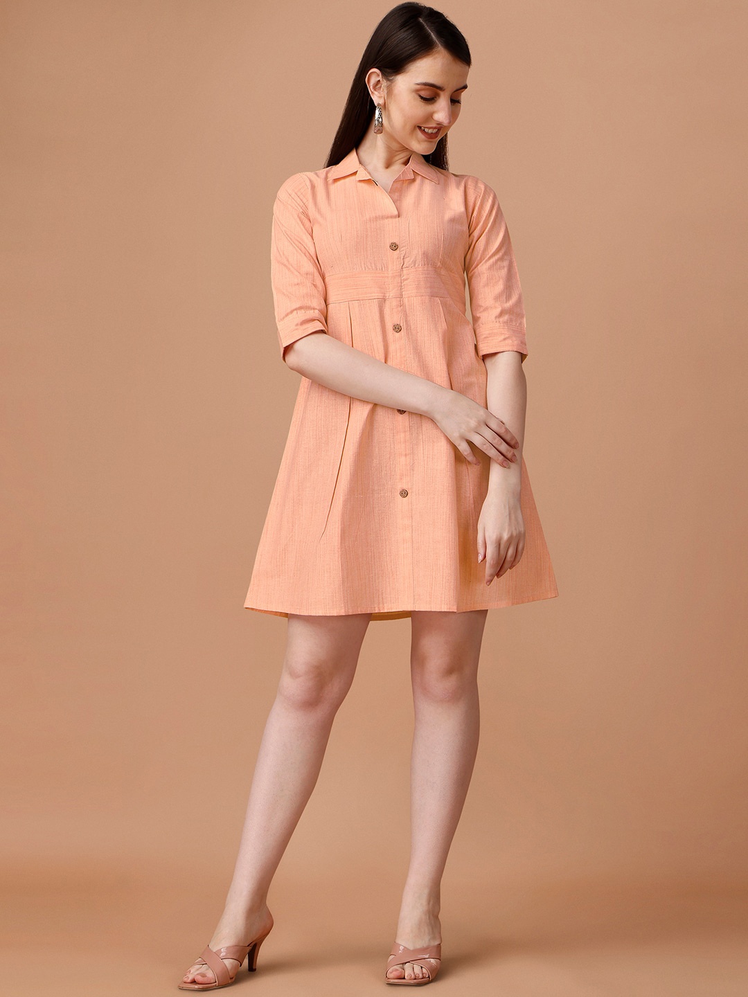

KALINI Self Designed Cotton Mini Shirt Dress, Peach