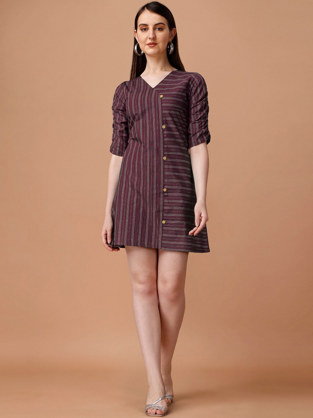 

KALINI Striped V-Neck Cotton Mini Ethnic Dresses, Maroon