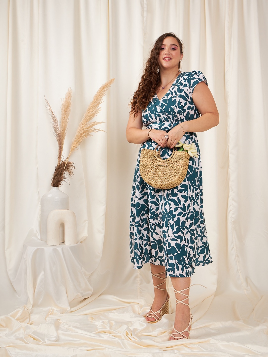 Berrylush Curve Floral Printed Waist Tie Ups Wrap Midi Dress, Teal