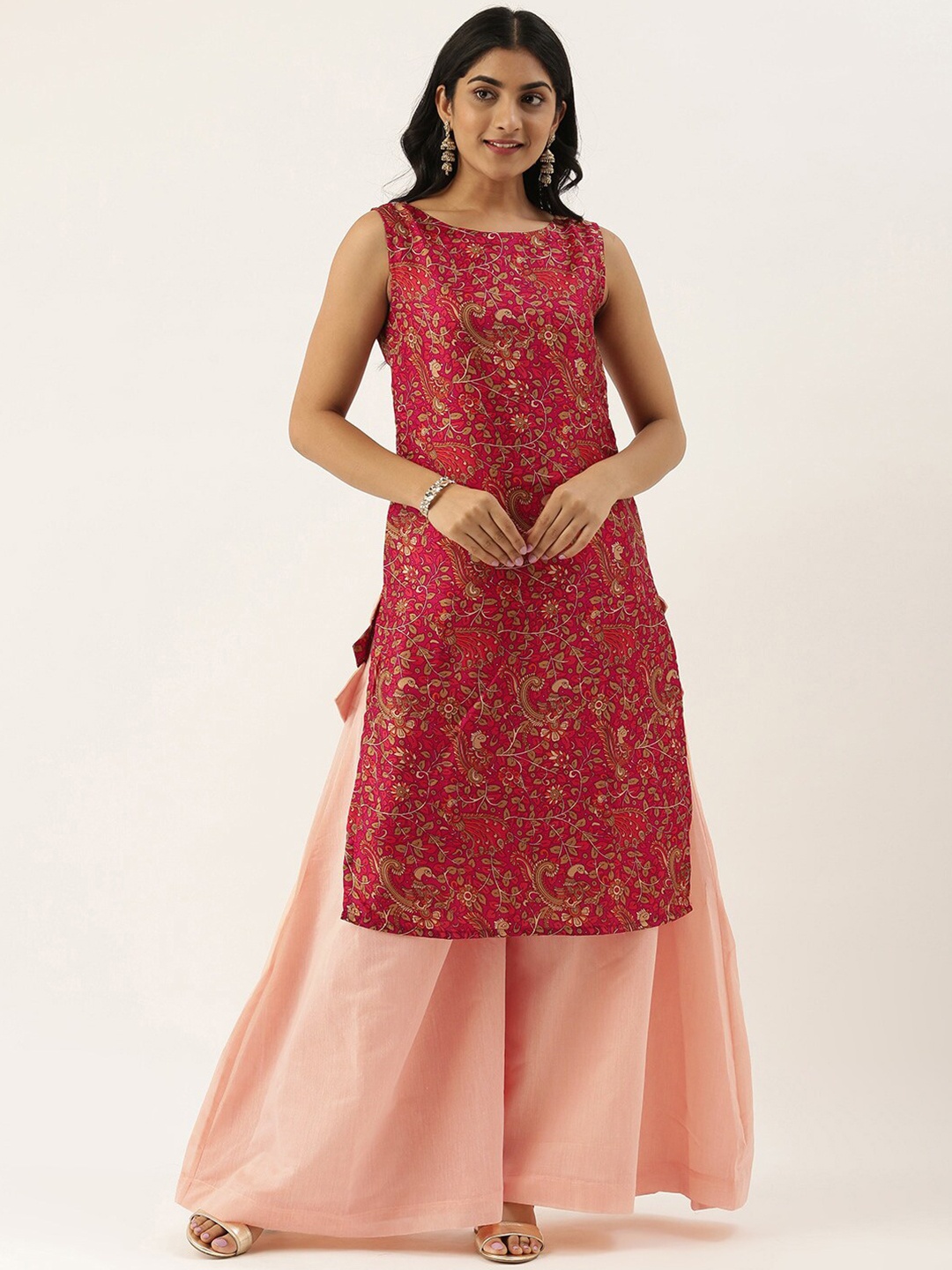 

Ethnovog Floral Printed Silk Straight Kurta, Pink