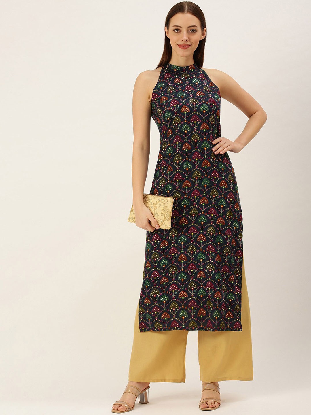 

Ethnovog Ethnic Motifs Printed Halter Neck Straight Kurta, Blue