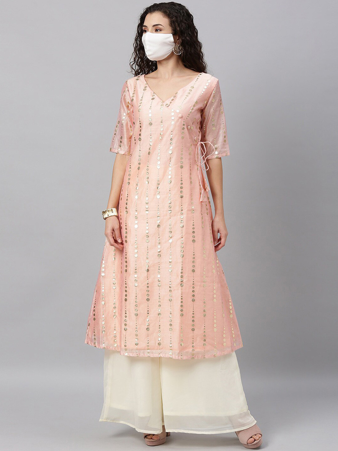 

Ethnovog Embellished V-Neck Anarkali Kurta, Pink