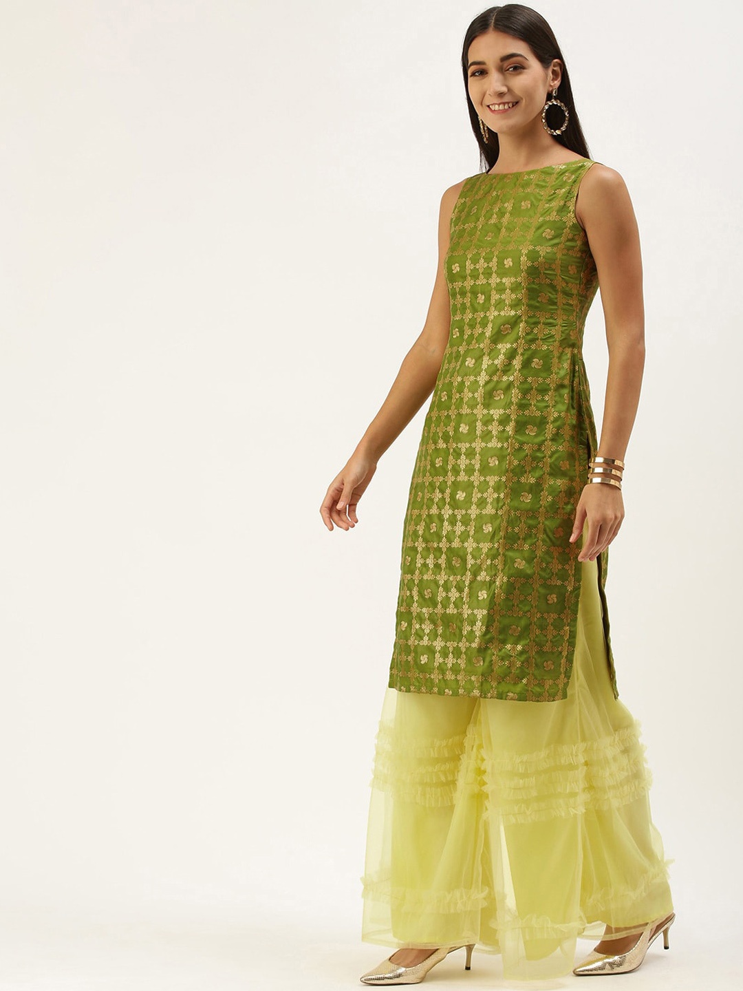 

Ethnovog Ethnic Motifs Woven Design Sleeveless Straight Kurta, Green