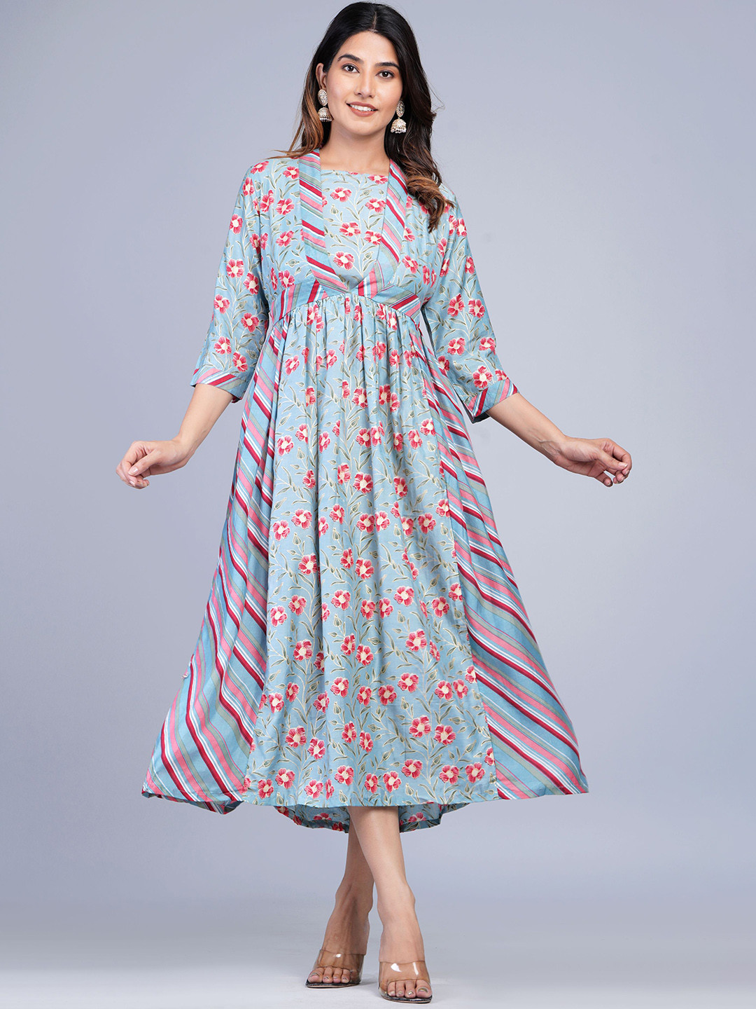 

Shikhaa Style Floral Printed Gathered Cotton Fit & Flare Dress, Blue