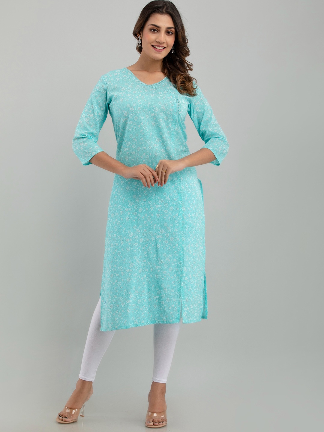 

FrionKandy Floral Printed Sequined V-Neck Cotton Kurta, Turquoise blue