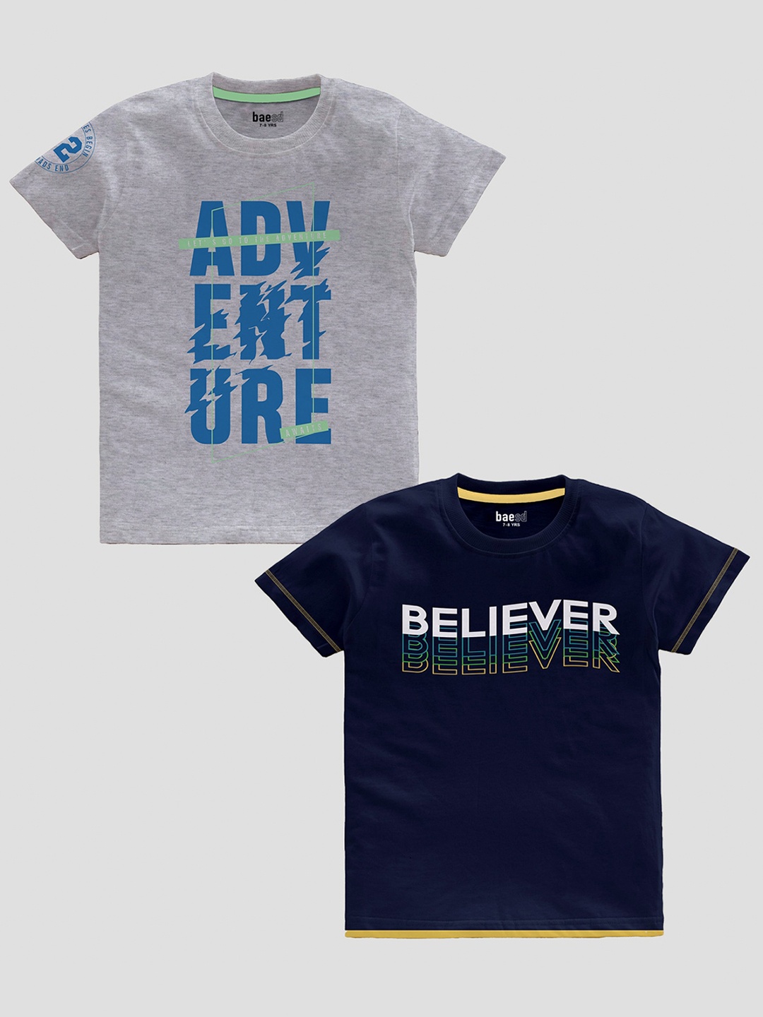 

BAESD Boys Pack Of 2 Slim Fit Typography Printed Pure Cotton Casual T-shirt, Navy blue