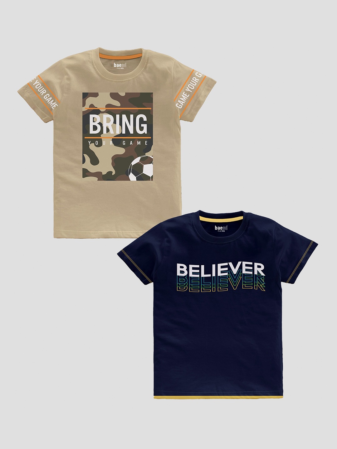 

BAESD Boys Pack Of 2 Typography Printed Slim Fit Cotton T-Shirt, Beige