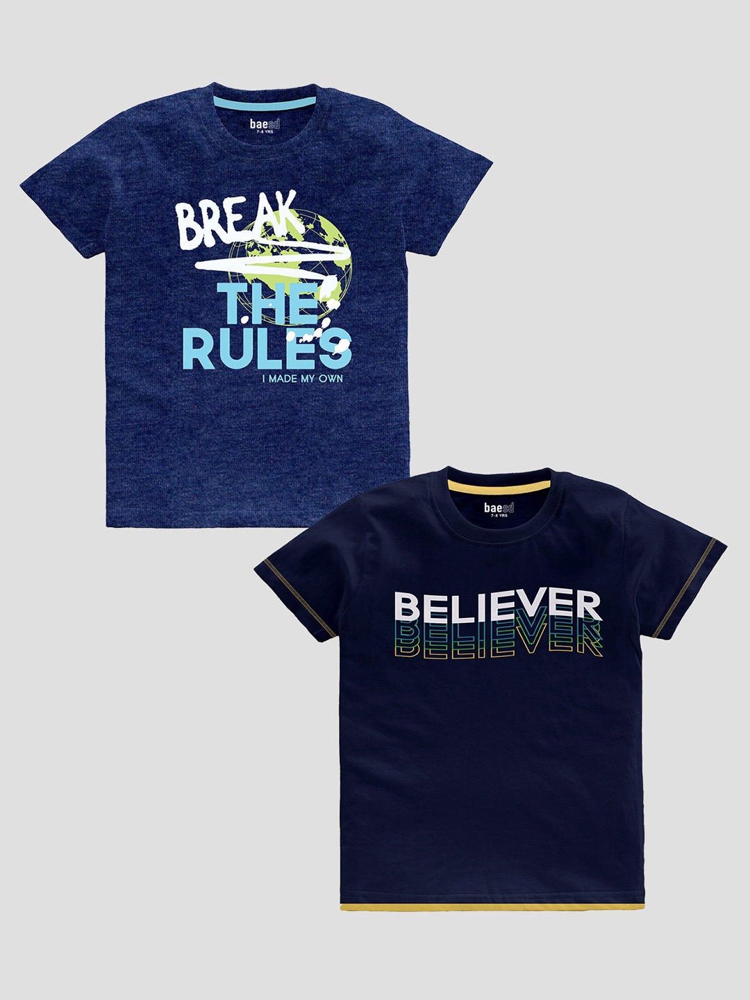 BAESD Boys Pack Of 2 Slim Fit Typography Printed Pure Cotton Casual T-shirt, Navy blue