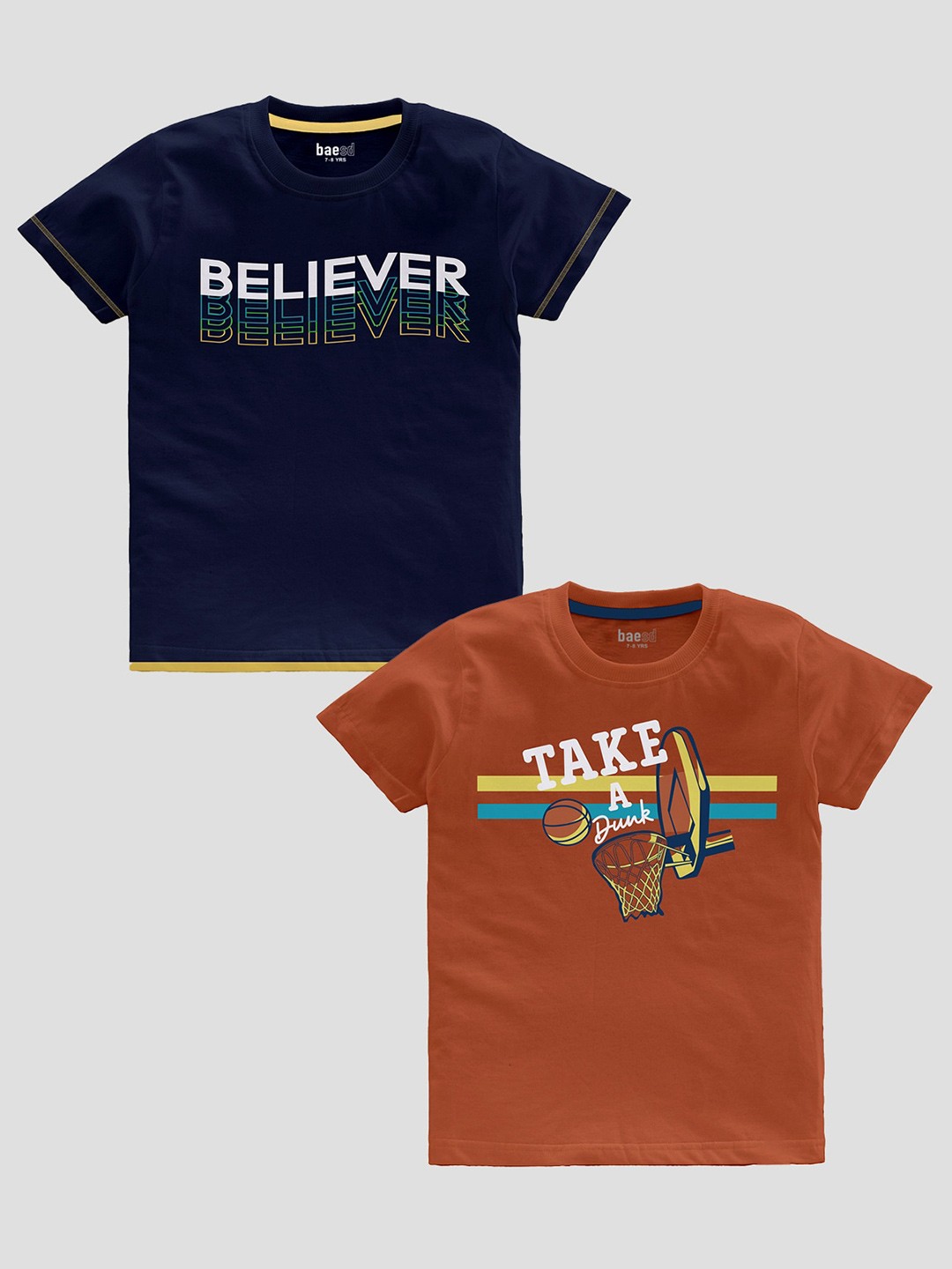 

BAESD Boys Pack Of 2 Slim Fit Typography Printed Pure Cotton Casual T-shirt, Brown