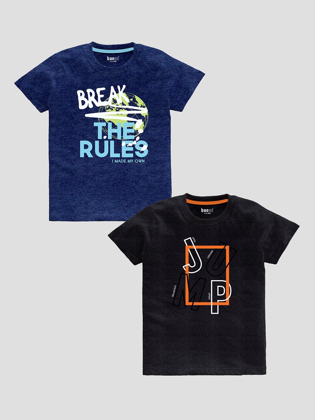 

BAESD Boys Pack Of 2 Typography Printed Slim Fit Cotton T-Shirt, Navy blue
