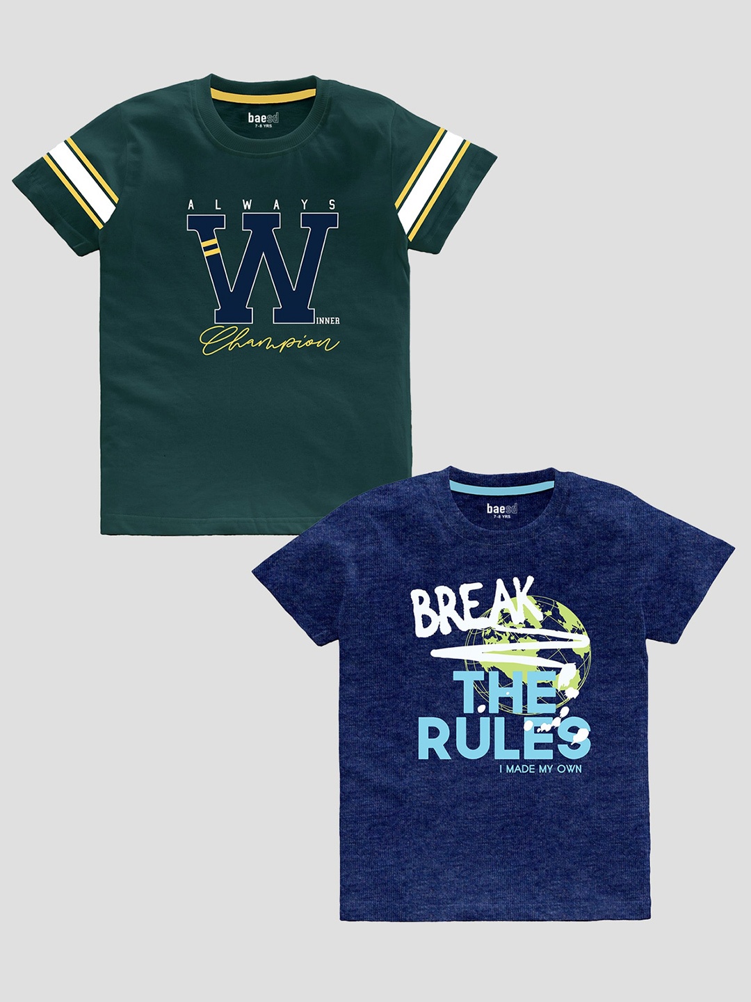 

BAESD Boys Pack Of 2 Typography Printed Slim Fit Cotton T-Shirt, Navy blue