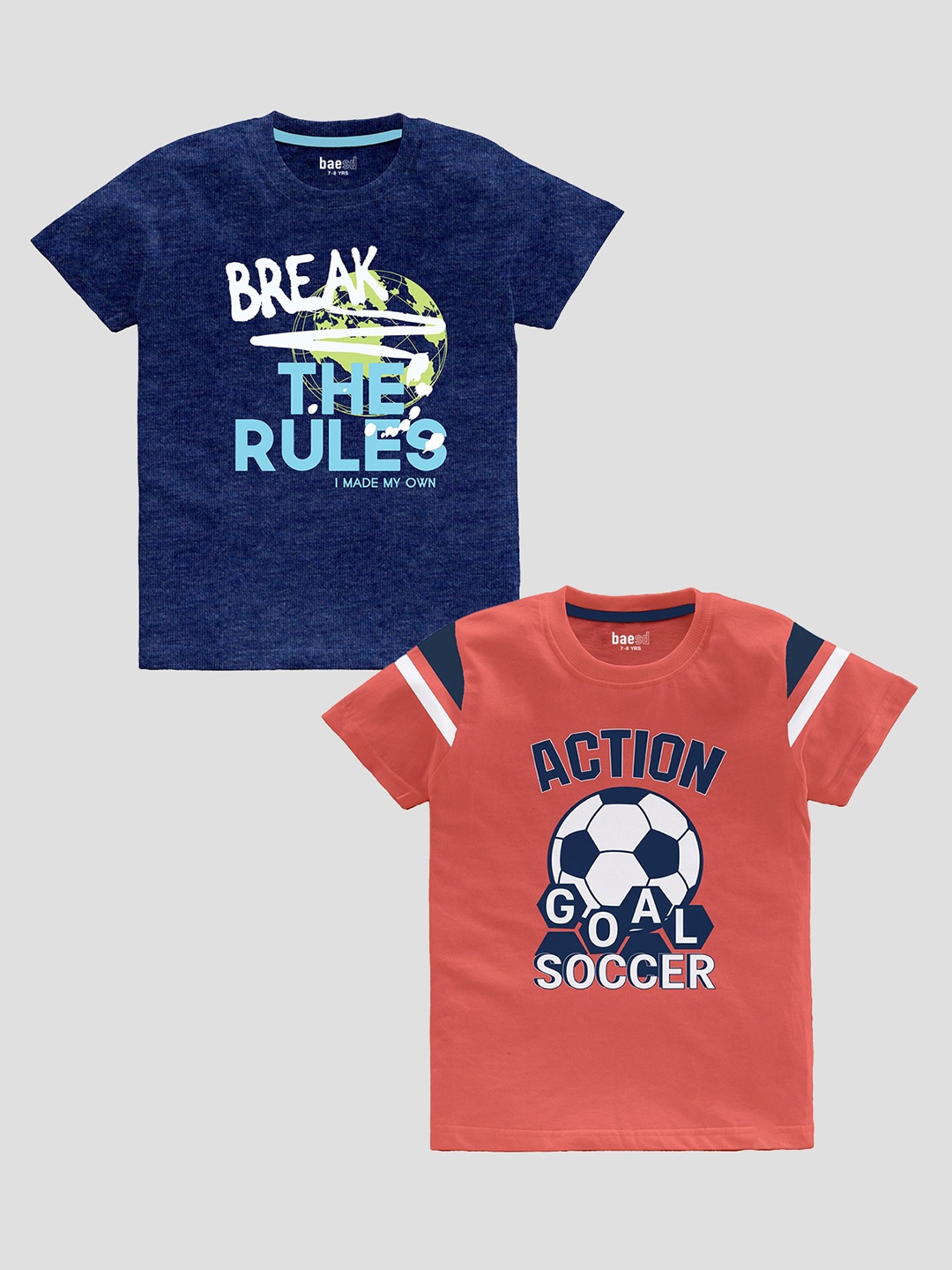 

BAESD Boys Pack Of 2 Slim Fit Typography Printed Pure Cotton Casual T-shirt, Peach